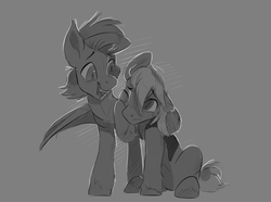 Size: 1280x951 | Tagged: safe, artist:lulemt, oc, oc only, bat pony, earth pony, pony, commission, crying, grayscale, monochrome, unshorn fetlocks