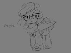 Size: 1280x951 | Tagged: safe, artist:lulemt, oc, oc only, pegasus, pony, clothes, commission, glasses, grayscale, meh, monochrome, solo, sweater, unshorn fetlocks