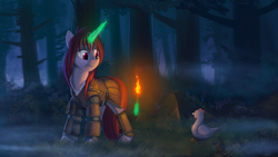 Size: 3000x1688 | Tagged: safe, artist:rublegun, oc, oc only, chicken, pony, armor, commission, duo, forest, glowing horn, grass, horn, looking back, magic, male, medic, night, scenery, signature, stallion, torch, tree