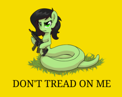 Size: 1280x1024 | Tagged: safe, artist:compound lift, oc, oc only, oc:filly anon, lamia, original species, snake pony, angry, ar-15, don't tread on me, female, frown, gadsden flag, glare, grass, gun, hoof hold, libertarianism, looking at you, m4, simple background, snek, solo, species swap, underhoof, weapon, yellow background