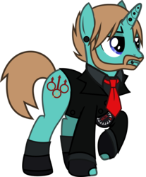 Size: 992x1199 | Tagged: safe, artist:lightningbolt, derpibooru exclusive, pony, unicorn, g4, .svg available, annoyed, armband, bob bryar, clothes, ear piercing, facial hair, fingerless gloves, gloves, horn, horn piercing, lip piercing, male, my chemical romance, necktie, piercing, ponified, raised hoof, shirt, shoes, show accurate, simple background, socks, solo, stallion, suit, svg, three cheers for sweet revenge, transparent background, undershirt, vector