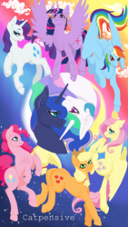 Size: 1350x2400 | Tagged: safe, artist:catpensive, applejack, fluttershy, pinkie pie, princess celestia, princess luna, rainbow dash, rarity, twilight sparkle, alicorn, pony, g4, ear fluff, mane six, royal sisters, twilight sparkle (alicorn), unshorn fetlocks, yin-yang