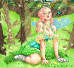 Size: 1641x1500 | Tagged: safe, artist:catpensive, fluttershy, bird, butterfly, human, squirrel, g4, clothes, crepuscular rays, dress, feather, female, forest, gloves, grass, humanized, jewelry, lake, necklace, solo