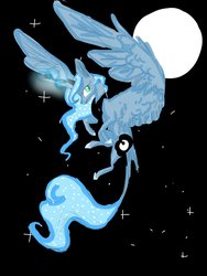 Size: 900x1200 | Tagged: safe, artist:calistayeoh123, princess luna, classical unicorn, pony, unicorn, g4, ear fluff, female, flying, horn, leonine tail, moon, solo, stars