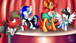 Size: 1024x576 | Tagged: safe, artist:animechristy, oc, oc only, oc:keyframe, oc:lightning bliss, oc:sapphire heart song, oc:thewaychfulpony, alicorn, pegasus, pony, unicorn, alicorn oc, clothes, dress, eyeshadow, female, group, hair over one eye, lidded eyes, looking at you, makeup, male, mare, multicolored hair, raised hoof, smiling, stage, stallion, suit