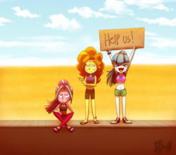 Size: 1024x900 | Tagged: safe, artist:fj-c, adagio dazzle, aria blaze, sonata dusk, equestria girls, g4, rainbow rocks, ><, belly button, clothes, converse, cute, desert, eyes closed, feet, happy, hitchhiking, looking at you, midriff, road, sandals, shoes, shorts, sign, sneakers, sonatabetes, sports bra, sports shorts, stranded, the dazzlings, unamused, x3, xd