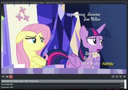 Size: 1105x783 | Tagged: safe, screencap, fluttershy, twilight sparkle, alicorn, pony, 28 pranks later, g4, chat, cutie map, discovery family, discovery family logo, friendship throne, jim miller, meta, reaction, twilight sparkle (alicorn)