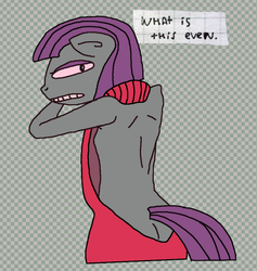 Size: 535x564 | Tagged: safe, artist:grinwild, maud pie, earth pony, anthro, g4, backless, buttcrack, clothes, dialogue, female, looking back, open-back sweater, simple background, sleeveless sweater, solo, sweater, virgin killer sweater