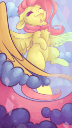 Size: 4320x7680 | Tagged: safe, artist:cutepencilcase, fluttershy, pony, g4, absurd resolution, chest fluff, cloud, crepuscular rays, cute, eyes closed, female, flying, large wings, shyabetes, smiling, solo, spread wings, sunlight, wings