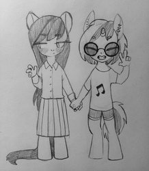 Size: 1117x1280 | Tagged: safe, artist:theorderofalisikus, dj pon-3, octavia melody, vinyl scratch, anthro, unguligrade anthro, g4, blushing, clothes, cute, cutie mark on clothes, ear piercing, eyes closed, female, grayscale, holding hands, lesbian, monochrome, music notes, peace sign, piercing, ship:scratchtavia, shipping, shirt, shorts, simple background, sketch, skirt, sweet dreams fuel, t-shirt, tavibetes, traditional art, vinylbetes, younger