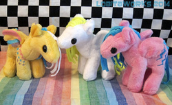 Size: 900x550 | Tagged: safe, artist:growlylobita, firefly, ringlet, surprise, g1, irl, photo, plushie, rainbow curl pony