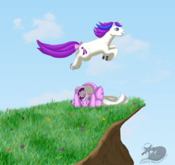 Size: 800x755 | Tagged: safe, artist:sound-of-heaven, glory, twilight, g1, rescue at midnight castle, cliff, cloud, grass, roller skates, sky