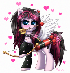Size: 873x902 | Tagged: safe, artist:confetticakez, oc, oc only, earth pony, pony, arrow, bow (weapon), bow and arrow, cupid, fake wings, female, heart, heart arrow, lidded eyes, mare, mouth hold, quiver, raised hoof, simple background, solo, weapon, white background
