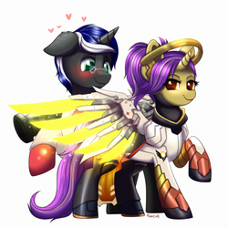 Size: 2000x2000 | Tagged: safe, artist:confetticakez, oc, oc only, pony, unicorn, artificial wings, augmented, blushing, crossover, female, heart, high res, male, mechanical wing, medic, medic (tf2), medigun, mercy, oc x oc, overwatch, ponified, shipping, straight, team fortress 2, wings