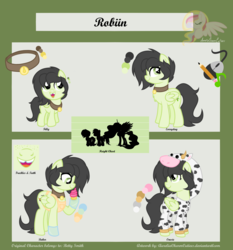 Size: 4500x4826 | Tagged: safe, artist:raspberrystudios, oc, oc only, oc:robiin, cow, pegasus, pony, absurd resolution, baker, bell, bell collar, collar, height difference, onesie, reference sheet, solo