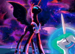 Size: 750x539 | Tagged: safe, artist:equum_amici, artist:light262, artist:lummh, nightmare moon, princess celestia, alicorn, pony, comic:timey wimey, g4, absurd file size, absurd gif size, animated, cinemagraph, color porn, comic, ethereal mane, female, gif, magic, open mouth, restrained, trembling