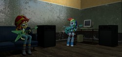 Size: 1280x600 | Tagged: safe, artist:n3onh100, rainbow dash, sunset shimmer, equestria girls, g4, 3d, boots, clothes, compression shorts, electric guitar, flying v, gmod, guitar, high heel boots, musical instrument, playing, skirt, skirt lift, socks, sunset shredder