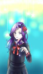 Size: 750x1280 | Tagged: safe, artist:161141, starlight glimmer, human, g4, clothes, female, flower, flower in hair, horn, horned humanization, humanized, looking at you, school uniform, smiling, solo