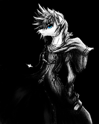 Size: 1780x2224 | Tagged: safe, artist:thatonegib, pony, semi-anthro, action pose, bipedal, black background, blue eyes, clothes, coat, disney, kingdom hearts, kingdom hearts 358/2 days, looking at you, mixed art, mixed media, monochrome, neo noir, organization xiii, paint tool sai, partial color, ponified, roxas, simple background, solo, traditional art