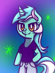 Size: 768x1024 | Tagged: safe, artist:ponliestar, lyra heartstrings, pony, unicorn, g4, bipedal, clothes, female, hand on hip, pants, shirt, smiling, solo