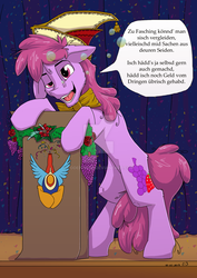 Size: 1024x1448 | Tagged: safe, artist:reptilianbirds, berry punch, berryshine, earth pony, pony, g4, bipedal, bipedal leaning, drunk, female, german, leaning, podium, solo, translated in the comments, watermark
