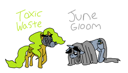 Size: 937x537 | Tagged: safe, artist:tinlizzies, oc, oc only, oc:june gloom, oc:toxic waste, eyebrows, gas mask, mask