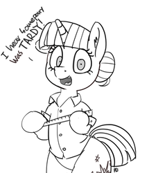 Size: 1280x1491 | Tagged: safe, artist:pabbley, twilight sparkle, pony, g4, alternate hairstyle, bipedal, clothes, dialogue, female, grayscale, hair bun, imminent spanking, monochrome, ruler, shirt, shrunken pupils, simple background, solo, this will end in tears, white background