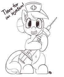 Size: 1280x1530 | Tagged: safe, artist:pabbley, nurse redheart, pony, g4, belly button, dialogue, female, giant syringe, looking at you, monochrome, open mouth, simple background, solo, syringe, this will end in tears, white background