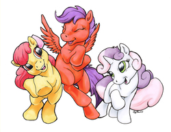 Size: 1280x985 | Tagged: safe, artist:coypowers, apple bloom, scootaloo, sweetie belle, g4, cutie mark crusaders, simple background, traditional art