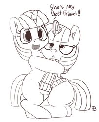 Size: 1280x1575 | Tagged: dead source, safe, artist:pabbley, moondancer, twilight sparkle, pony, unicorn, g4, :<, bipedal, clothes, cute, dialogue, female, filly, grayscale, horn, horn sock, lineart, monochrome, simple background, sweater, unamused, unicorn twilight, white background, younger