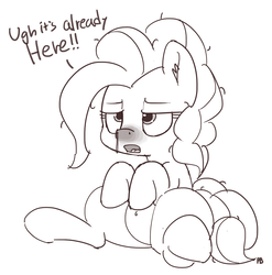 Size: 1280x1296 | Tagged: dead source, safe, artist:pabbley, pinkie pie, earth pony, pony, g4, belly button, dialogue, female, grayscale, hay fever, lidded eyes, monochrome, red nosed, runny nose, simple background, sitting, solo, white background
