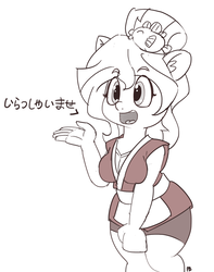Size: 1280x1626 | Tagged: dead source, safe, artist:pabbley, sunset shimmer, equestria girls, g4, apron, breasts, busty sunset shimmer, clothes, compression shorts, curves, dialogue, female, hairpin, happi, japanese, monochrome, open mouth, ponied up, simple background, smiling, solo, standing, sunset sushi, toy interpretation, white background