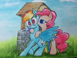 Size: 3264x2448 | Tagged: safe, artist:kittyhawk-contrail, pinkie pie, rainbow dash, g4, blushing, female, heart eyes, high res, lesbian, ship:pinkiedash, shipping, traditional art, well, wingding eyes