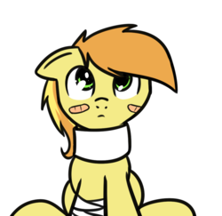 Size: 931x905 | Tagged: safe, artist:neuro, braeburn, earth pony, pony, g4, bandaid, cast, floppy ears, injured, looking up, male, neck brace, sitting, solo, stallion