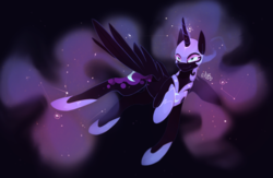 Size: 3217x2098 | Tagged: safe, artist:novabytes, nightmare moon, alicorn, pony, g4, armor, black background, female, flying, helmet, high res, redraw, simple background, smiling, solo