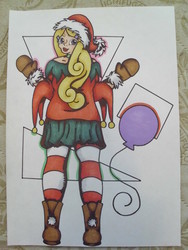 Size: 2736x3648 | Tagged: safe, artist:szarlotki, surprise, human, g1, boots, clothes, female, hat, high res, humanized, markers, mittens, santa hat, socks, solo, striped socks, traditional art