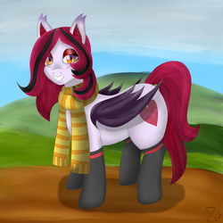 Size: 3300x3300 | Tagged: dead source, safe, artist:afterman, oc, oc only, oc:arrhythmia, bat pony, pony, clothes, high res, outdoors, scarf, smiling, solo, standing