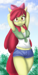 Size: 3000x5926 | Tagged: safe, artist:ambris, artist:kurausuki, color edit, edit, apple bloom, earth pony, anthro, g4, absurd resolution, arm behind head, armpits, belly button, bow, breasts, clothes, colored, female, hair bow, looking at you, midriff, older, open mouth, shirt, shorts, smiling, solo, straw in mouth
