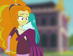 Size: 3300x2550 | Tagged: safe, artist:feroxultrus, adagio dazzle, cold forecast, equestria girls, g4, my little pony equestria girls: friendship games, background human, canterlot high, clothes, crystal prep academy uniform, family reunion, fanfic, fanfic art, happy, high res, hug, school uniform, story included, surprised