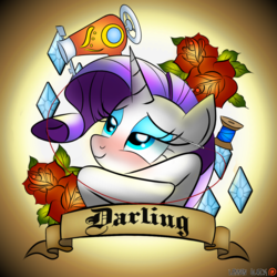 Size: 1500x1500 | Tagged: safe, artist:lennonblack, rarity, g4, blackletter, blushing, bust, cutie mark, darling, female, flower, old banner, patreon, patreon logo, sewing machine, solo, spool, tattoo design