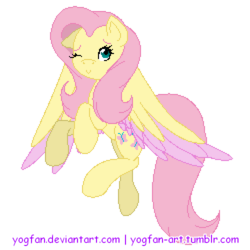 Size: 500x500 | Tagged: safe, artist:yogfan, fluttershy, g4, colored wings, colored wingtips, female, flying, one eye closed, pixel art, simple background, solo, transparent background, wink