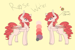 Size: 1997x1325 | Tagged: safe, artist:cyrinthia, oc, oc only, oc:rose water, pegasus, pony, female, flower, mare, reference sheet, simple background, solo