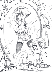 Size: 2480x3508 | Tagged: safe, artist:paradoxbroken, oc, oc only, oc:onyxia melody, pony, equestria girls, g4, ass, butt, clothes, equestria girls-ified, grayscale, high res, lineart, magic mirror, midriff, monochrome, raised hoof, solo
