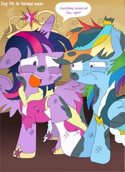 Size: 2562x3543 | Tagged: safe, artist:rainbowyoshi305, rainbow dash, twilight sparkle, alicorn, pegasus, pony, g4, 30 day otp challenge, burned, clothes, coronation dress, dirty, dress, duo, female, high res, lesbian, messy mane, ship:twidash, shipping, singed, twilight sparkle (alicorn)