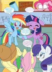 Size: 2559x3531 | Tagged: dead source, safe, artist:rainbowyoshi305, applejack, fluttershy, pinkie pie, rainbow dash, rarity, spike, twilight sparkle, alicorn, dragon, pony, g4, 30 day otp challenge, blushing, colored pupils, dialogue, eyes closed, female, floppy ears, high res, holding hooves, lesbian, mane seven, mane six, party cannon, ship:twidash, shipping, story in the source, sugarcube corner, twilight sparkle (alicorn)