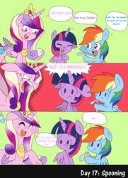 Size: 2562x3543 | Tagged: safe, artist:rainbowyoshi305, princess cadance, rainbow dash, twilight sparkle, alicorn, pony, g4, 2 stupid dogs, 30 day otp challenge, colored pupils, female, floppy ears, high res, lesbian, ship:twidash, shipping, sisters-in-law, spoon, twilight sparkle (alicorn)