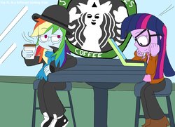 Size: 3543x2562 | Tagged: safe, artist:rainbowyoshi305, rainbow dash, twilight sparkle, human, equestria girls, g4, 30 day otp challenge, bowler hat, clothes, computer, glasses, hat, high res, hipster, laptop computer, scarf, ship:twidash, shipping, starbucks