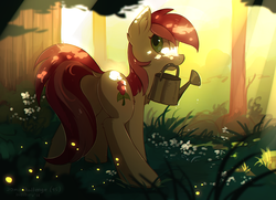 Size: 1100x795 | Tagged: safe, artist:hioshiru, roseluck, earth pony, pony, g4, butt, chromatic aberration, colored pupils, dappled sunlight, dock, featureless crotch, female, flower, forest, grass, looking back, mare, mouth hold, plot, rear view, rosebutt, solo, sunlight, tree, watering, watering can