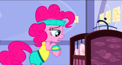 Size: 1360x730 | Tagged: safe, screencap, pinkie pie, earth pony, pony, a friend in deed, g4, crib, female, mare, rearing, solo, workout outfit