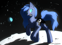 Size: 1520x1100 | Tagged: safe, artist:hioshiru, princess luna, earth pony, pony, g4, 30 minute art challenge, banishment, butt, chromatic aberration, crying, female, fluffy, gritted teeth, looking at you, looking back, missing accessory, missing horn, moon, moonbutt, nightmare luna, planet, plot, praise the moon, race swap, raised hoof, s1 luna, solo, space, surprised, underhoof, wingless